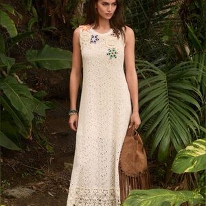 Johnny Was NYDIA APPLIQUE DRESS w/ SLIP Cream Crochet Maxi Dress NWT